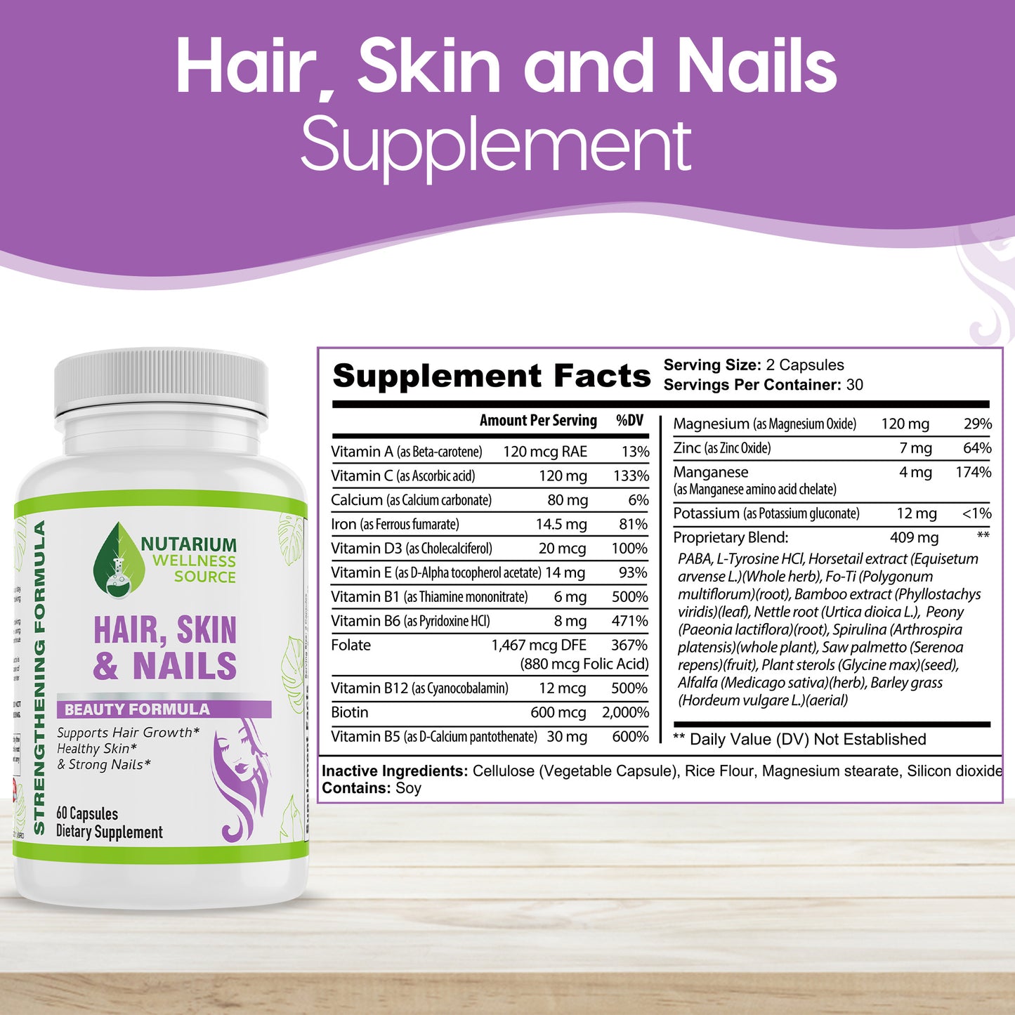 Hair, Skin and Nails - Supports Healthy Hair + Skin + Strong Nails - Nutarium